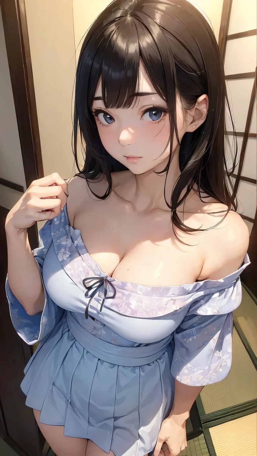 (((masterpiece))),(((High resolution)))、(((8K)))、(((perfect face)))、(((beauty of japan)))、40 years old、(((beautiful face))), (((girls room))), ((off shoulder dress)), ((mini skirt)), embarrassed look, look at the camera, top quality eyes, detailed texture, look at the camera, all body, big tits, chuby, plump, cool girl, wife