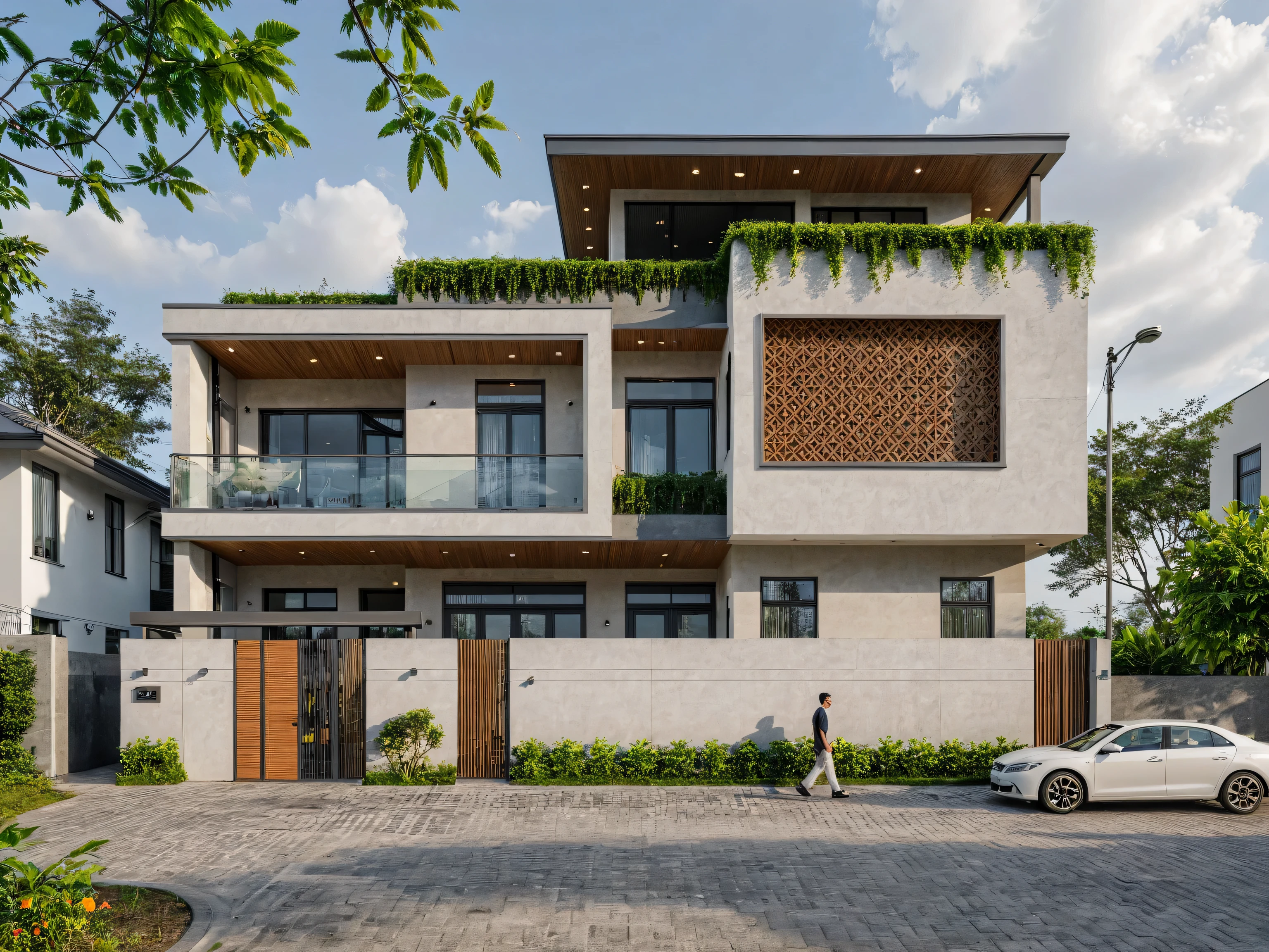 Raw photo, Masterpiece, high quality, best quality, authentic, super detail, outdoors, onestoreyvillaXL, aiaigroup, house style modern on the street ,stairs, white wall ,road,pavement, grass, trees, tropical plants, clear sky, cloud, (nature light), (daylight:1.2)
