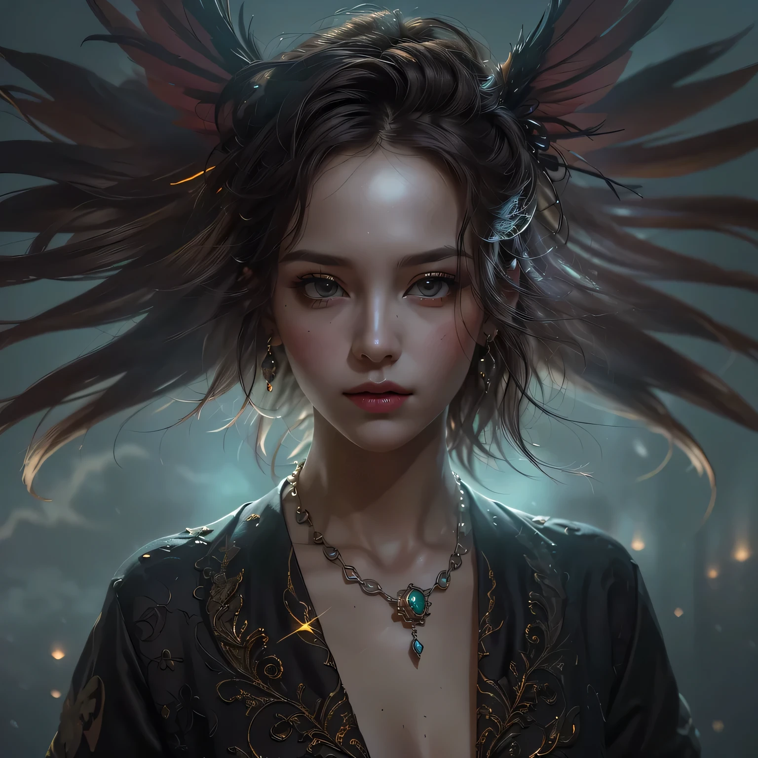 A woman with a necklace and wings on her head - SeaArt AI