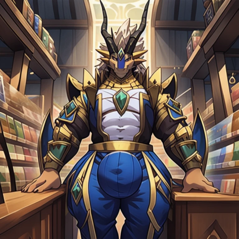 On the counter of a store filled with glowing potions，A giant dragon dressed in tight medieval clothing，There is a huge bulge，Greet you with a welcoming smile