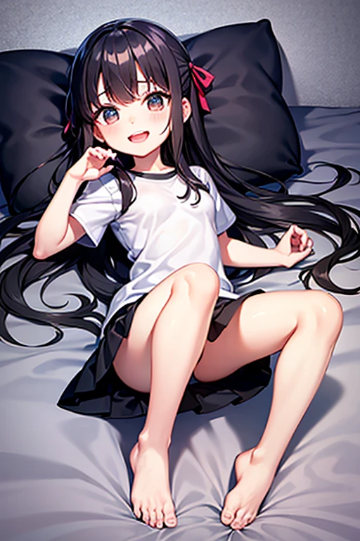 、young、one person、4 year old girl、long hair、black hair、With bangs、small、laughing、Big eyes、barefoot、short sleeve、black eye、cute、legs open、with ribbon、skirt、small breasts、身長のsmall、