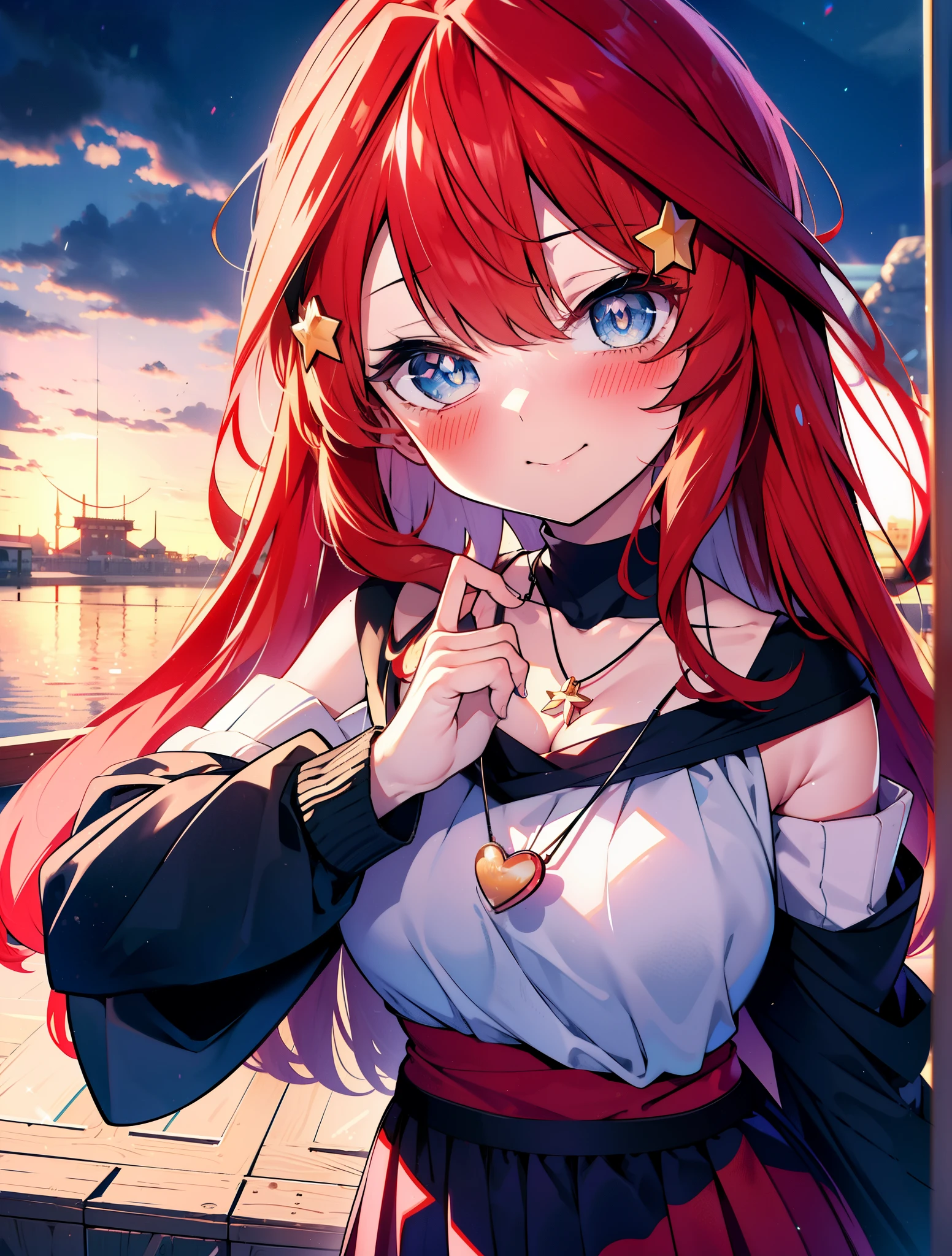 itsukinakano, itsuki nakano, bangs, blue eyes, hair between eyes, Ahoge, redhead, star \(symbol\happy smile, smile, open your mouth,embarrassing,blush, hair ornaments, star hair ornaments,red off shoulder sweater,bare shoulders,bare clavicle,naked neck,Heart Pendant Necklace,Black long skirt,Mini Boots,whole bodyがイラストに入るように,There are many shops,noon,Light of the sun,晴
break outdoors, station,square,
break looking at viewer,whole body (cowboy shot:1.5),
break (masterpiece:1.2), highest quality, High resolution, unity 8k wallpaper, (shape:0.8), (fine and beautiful eyes:1.6), highly detailed face, perfect lighting, Very detailed CG, (perfect hands, perfect anatomy),