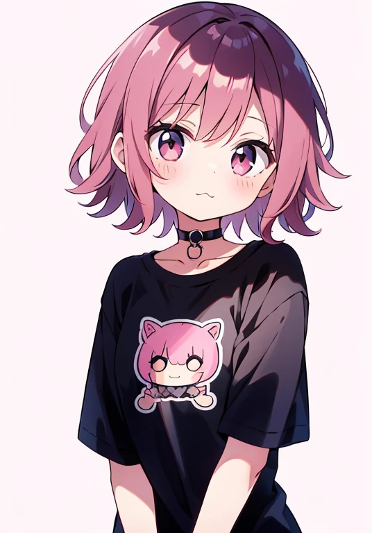 (alone:1.2),pretty girl,(pink short hair),(casual wavy hair:1.3), dull bangs,blush,head tilt,:3,Upper body,black cap,Oversized black t-shirt,simple background,cowboy shot,Shadow,choker,