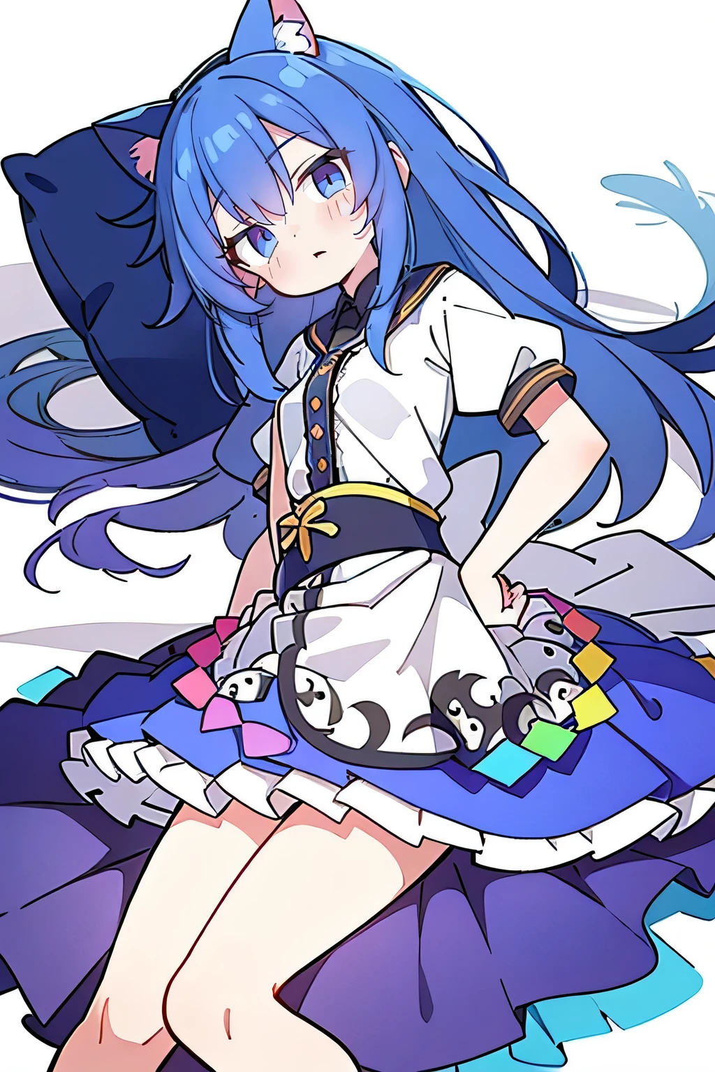 (Masterpiece), best quality, expressive eyes, perfect face, 1girl,
 Put your hands on your waist, fair, gorgeous, Japanese comics, girl, Lola, young angel, blue hair, blue hair, flowing clothes, hug the waist, hug the waist, hands on hips, hands on hips, lay down , lying on the ground, legs on the ground, flat chest, cat ears