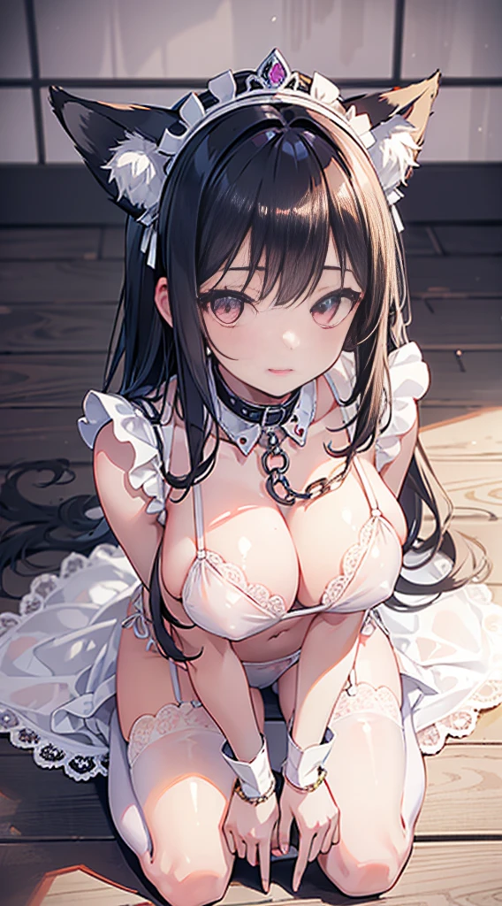 high quality, masterpiece, super detailed, bottom view,1 girl, extremely detailed faces, white lace bikini,maid crown,Kneeling on the ground,handcuffs,collar,Calm expression,Smile,handcuffs,collar,long black hair, charming pink eyes, fox ears, Ridiculously big, shiny skin, wooden floor,medieval town