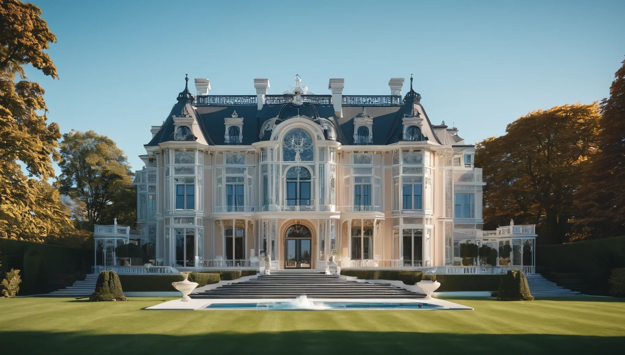 Combining contrasting realistic and wireframe images of a lavish mansion