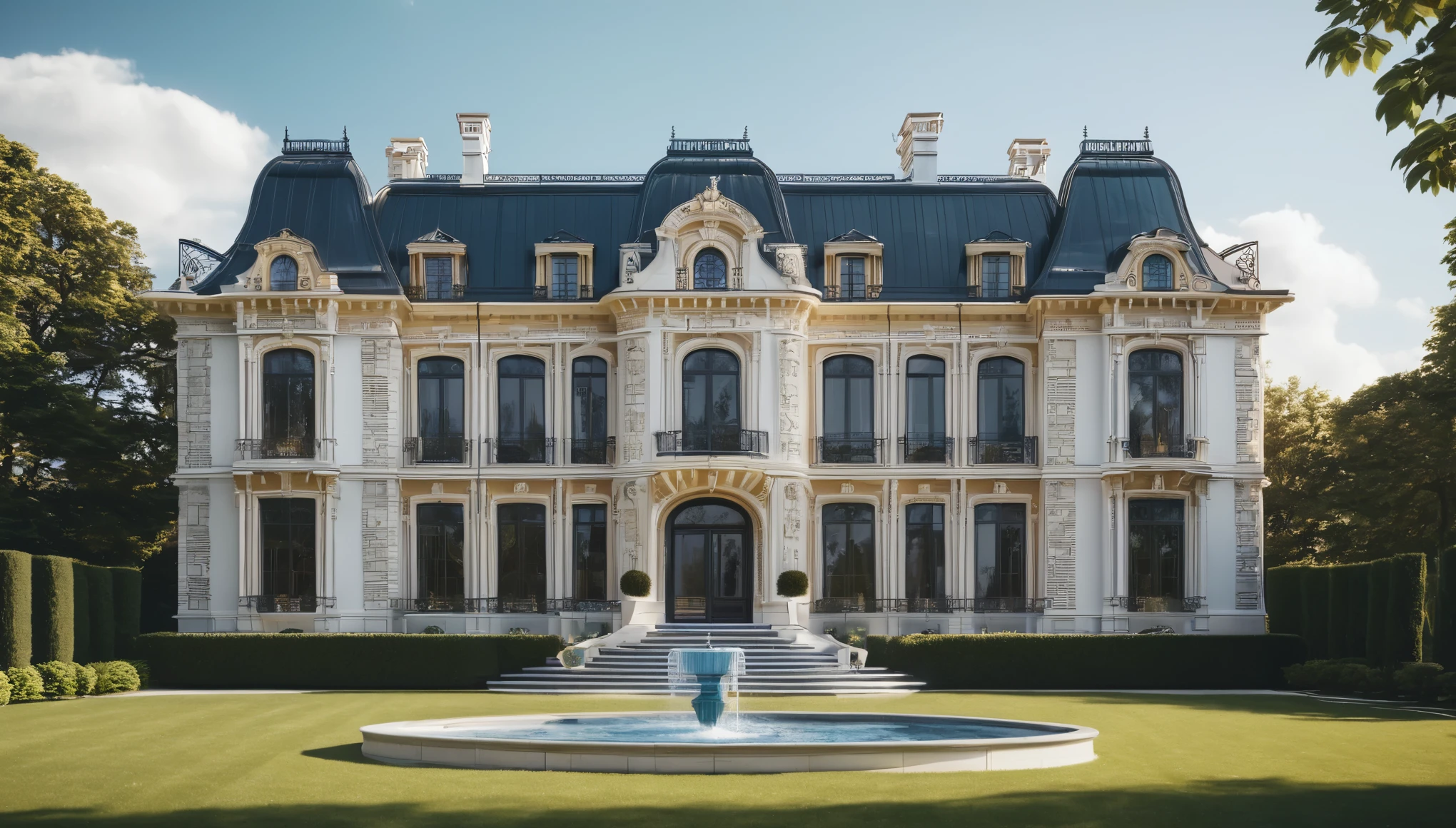 Combining contrasting realistic and wireframe images of a lavish mansion