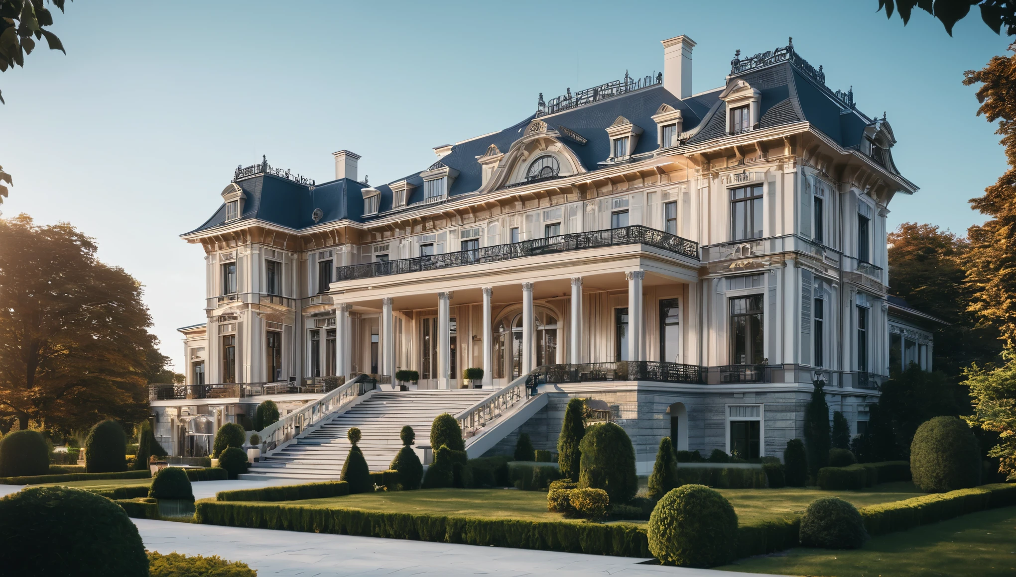 Combining contrasting realistic and wireframe images of a lavish mansion