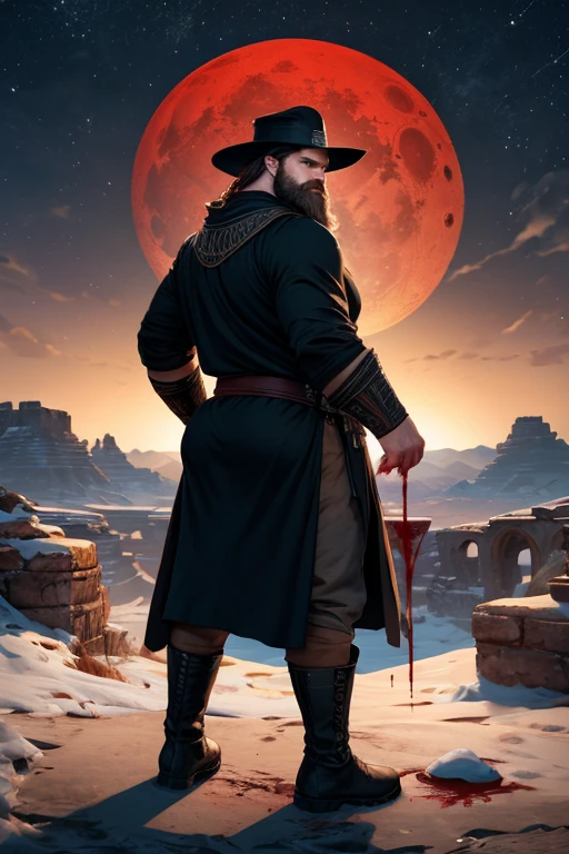 David Harbour, very detailed image, master piece, epic composition, perfect fingers, perfect hands, handsome, snow, right anatomy, chubby, 4k, perfect feets, perfect legs, (very short messy hair), ancient desert, ancient desert clothes tunic beduin, ((big full beard)), (full black clothes), (black tunic), ( black mage), (black boots), ((night with blood moon)), ((big and large ass))
