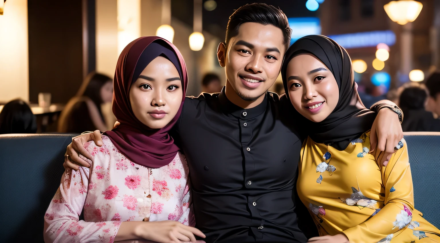 1 matured malay men 50 years old hugging 3 young malay girl in hijab wearing floral baju kurung 20 - 23 years old, malay men hand on girl shoulder, nighttime, beautiful girl with beautiful perfect body, location: couch in nightclub, professional photography, bright lighting, 28mm lens, Establishing shot, deep focus cinematography effect, Natural Lighting, pastel color grading, high quality, ultra detail, 8k resolution,