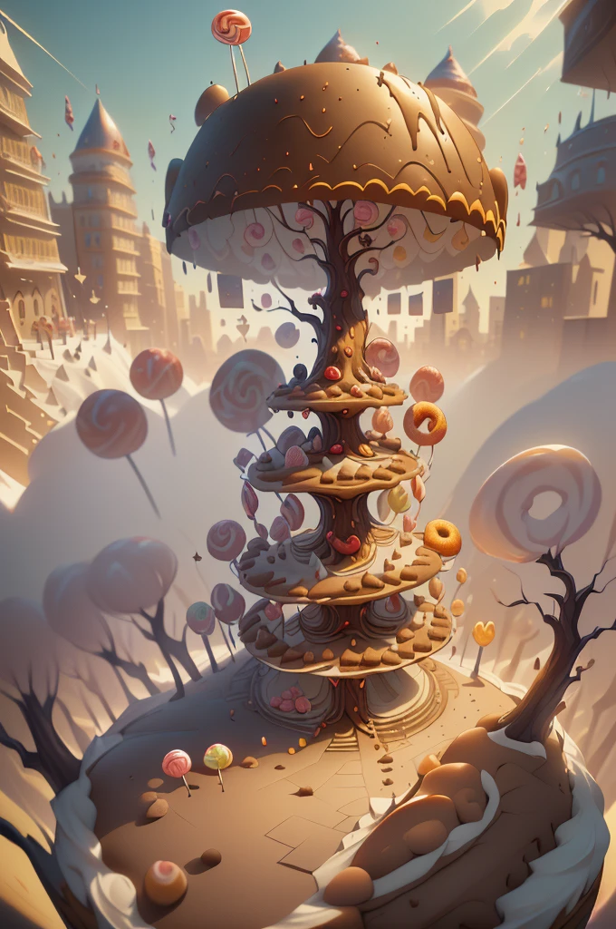 general shot: 1.5, ((city of sweet buildings of cake and sweets: 1.7)), (( candies, tree-shaped lollipops, donut-shaped sun: 1.6)), ultra-realistic, photorealistic CG K: 1.4, texture of skin: 1.4, masterpiece: 1.4, ((hyper detailed, epic, beautiful, creative and imaginative image: 1.6)), 32k.