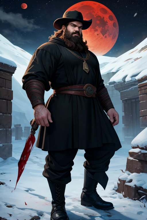 David Harbour, very detailed image, master piece, epic composition, perfect fingers, perfect hands, handsome, snow, right anatomy, chubby, 4k, perfect feets, perfect legs, (very short messy hair), ancient desert, ancient desert clothes tunic beduin, ((big full beard)), (full black clothes), (black tunic), ( black mage), (black boots), ((night with blood moon)), ((big and large ass))
