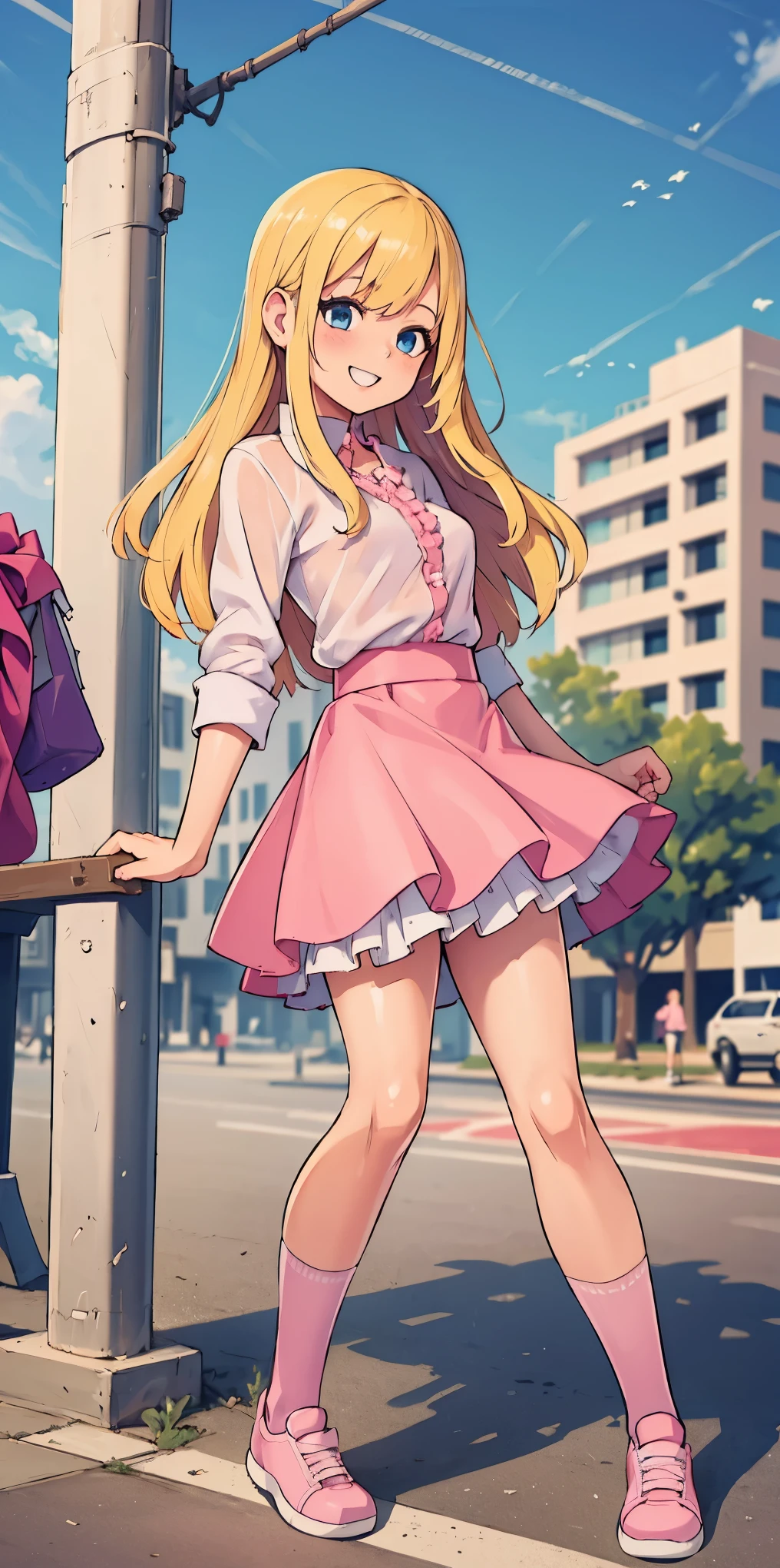 beautiful, (masterpiece:1.2), (best quality:1.2), Beautiful 10-year-old white girl with blue eyes, long swept-back straight blond hair, Happy), Pink and white frilly miniskirt, pink shirt, pink socks, white sneakers, California City background, daylight.