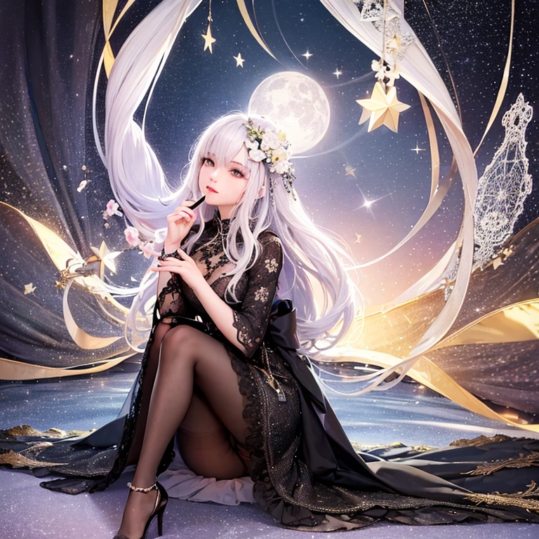 ((masterpiece, highest quality)), detailed face, very well-groomed face,full body esbian, Full of details, Multiple poses and expressions, very detailed, depth, many partagic Taoist,Holds a crystal wand,fantasy style,Very beautiful and mysterious,fantasy,rainbow colors，high balance, Natural light, black lace，black laceパンスト，starry sky,star decoration,Curtain of Stars,white building,By the window,white hair,Pink Lip,flower hair ornament,Blue and black thin long coat,full body angle,sitting
