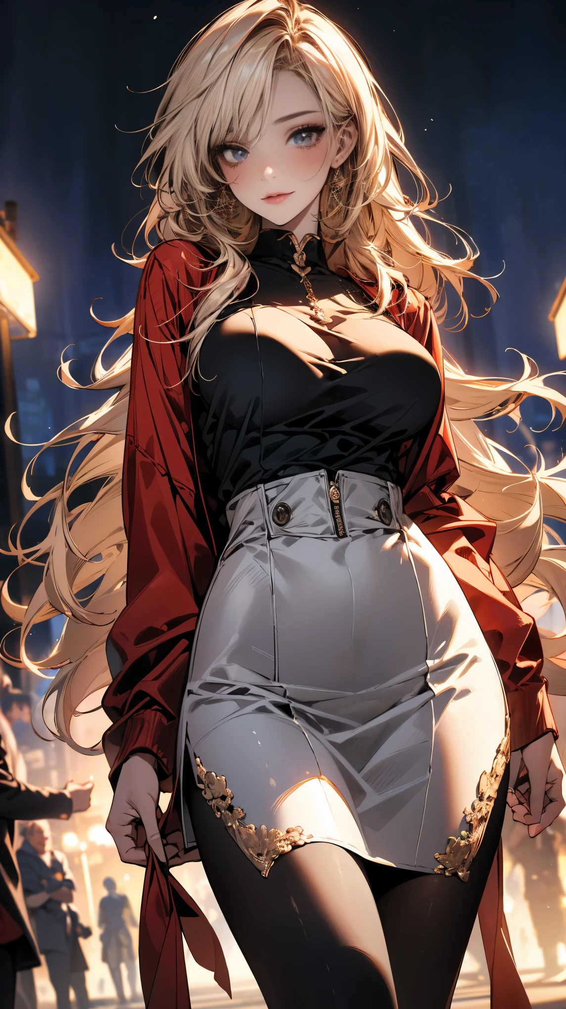 (ultra high resolution, 8K original image, lifelike, thin outline), (movie lighting, Textile shading), (巨Big deal乳房, Breast sagging, Big deal , split), 1 female knight, ((,milf:1.2)), 20 years old, (long side slit skirt), blush, in hot state, ashamed, looking at the audience, blonde hair, night, Clothes that highlight body lines, (Dynamic angle, from the center below), ,