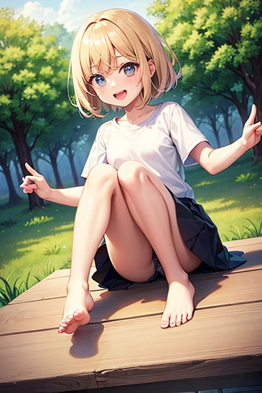 、young、one person、4 year old girl、short hair、blonde、With bangs、small、laughing、Big eyes、barefoot、short sleeve、black eye、cute、legs open、with ribbon、skirt、small breasts、身長のsmall、