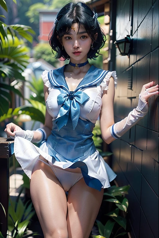 arafed asian woman in a tight white sailor suit and tiny blue skirt posing for a photo, very sexy pose, elegant seductive pose, sexy look, sultry body, anime girl cosplay, ((Little blue miniskirt|plaid mini skirt)), ((huge breasts|white sailor suit)) ((white sailor shirt|blue color|blue bow)), ((blue long boots|high heels|knee high)), ((White long gloves|Blue Stripe)), ((blue choker|sapphire)), ((She wears a golden tiara on her forehead)), ((long and thin legs)), ((small white thong)), 2 4 year old female model, beautiful charming , model with attractive body, sexy body, ゴージャスなyoung韓国人女性, beautiful feminine body, ゴージャスなyoungモデル, young、sensual、elegant, gorgeous chinese model, ((curly bangs)), ((Very dark short hair)), ((Messy black hair)), wavy hair, (masterpiece:1.3), High resolution, ((sailor mercury)),((outdoor,garden,Bright and sunny))both hands tied behind the back、slave、first round