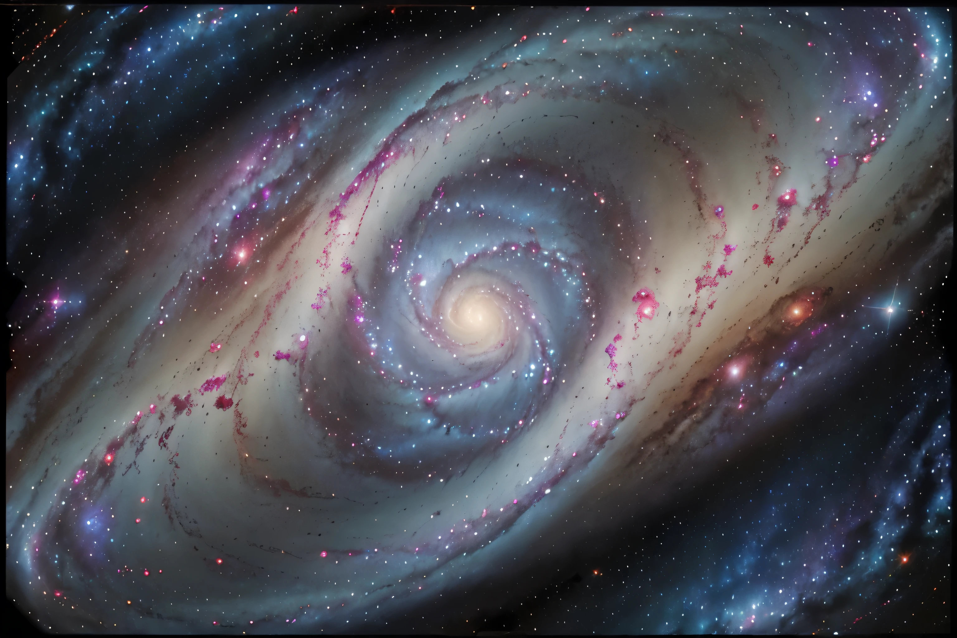 In the vast expanse of space, swirling galaxies dance with vibrant hues and celestial elements. A breathtaking spiral galaxy dominates the scene, its arms bursting with vivid colors and glittering stars. This awe-inspiring image, likely a digitally enhanced photograph, captures the beauty and mystery of the cosmos in exquisite detail. Every pixel is a masterpiece, seamlessly blending hues of blue, purple, and pink to create a mesmerizing cosmic landscape that is truly out of this world.