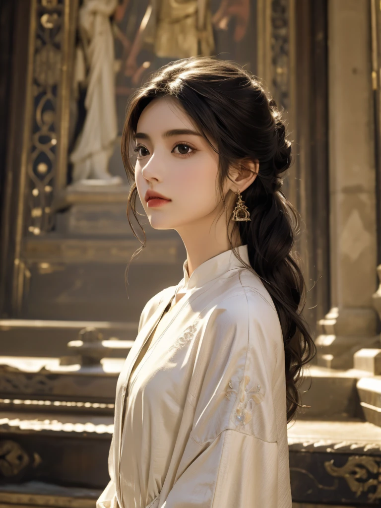top quality, High image quality, masterpiece, The role of the mind must be in tune with each other, Black hair, delicate eyes, White clothes, look up, Upper body, Hair, White skin, faint smile,
