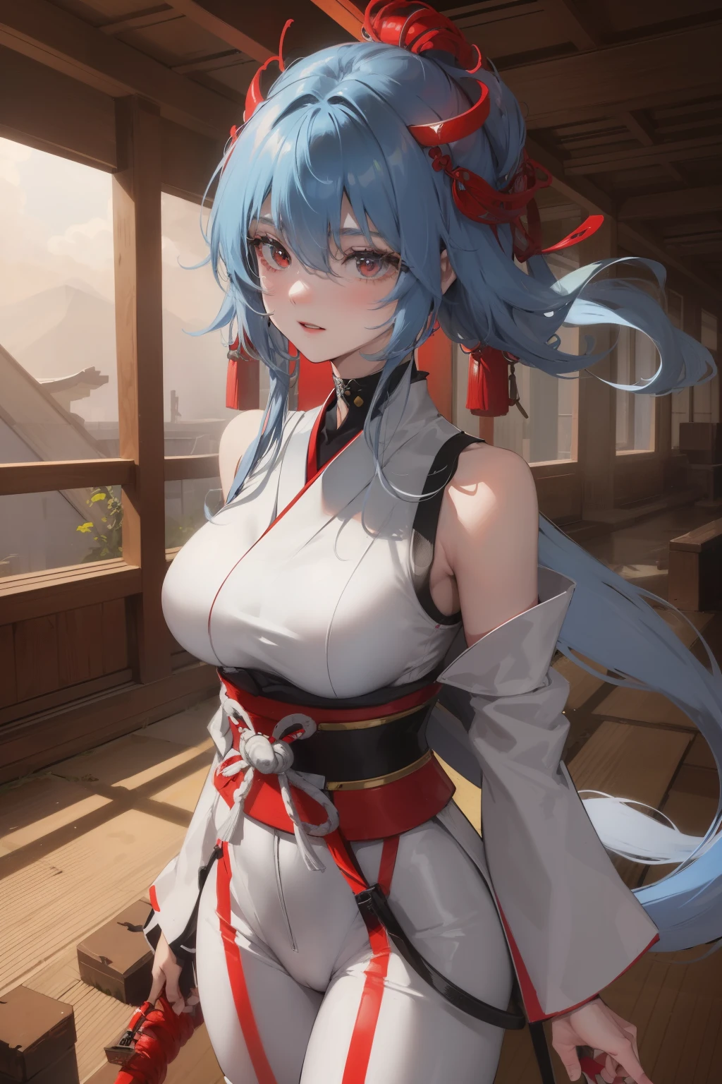 masterpiece, highest quality, Very detailed, CG illustration, High resolution, Better lighting, Best Shadow, Very delicate and beautiful, Proper shading, High resolution, 8k, Ray Tracing, Highly detailed and crisp backgrounds, Perfect lighting, Anime Style, game「Gladiator」Inspired by: House of Ruby (Mountain god, Aggressive, Red and white colors), strength, Samurai Punk, alone, 1 female, Blue Hair, Adult, Obi tassel, Jinhaori,