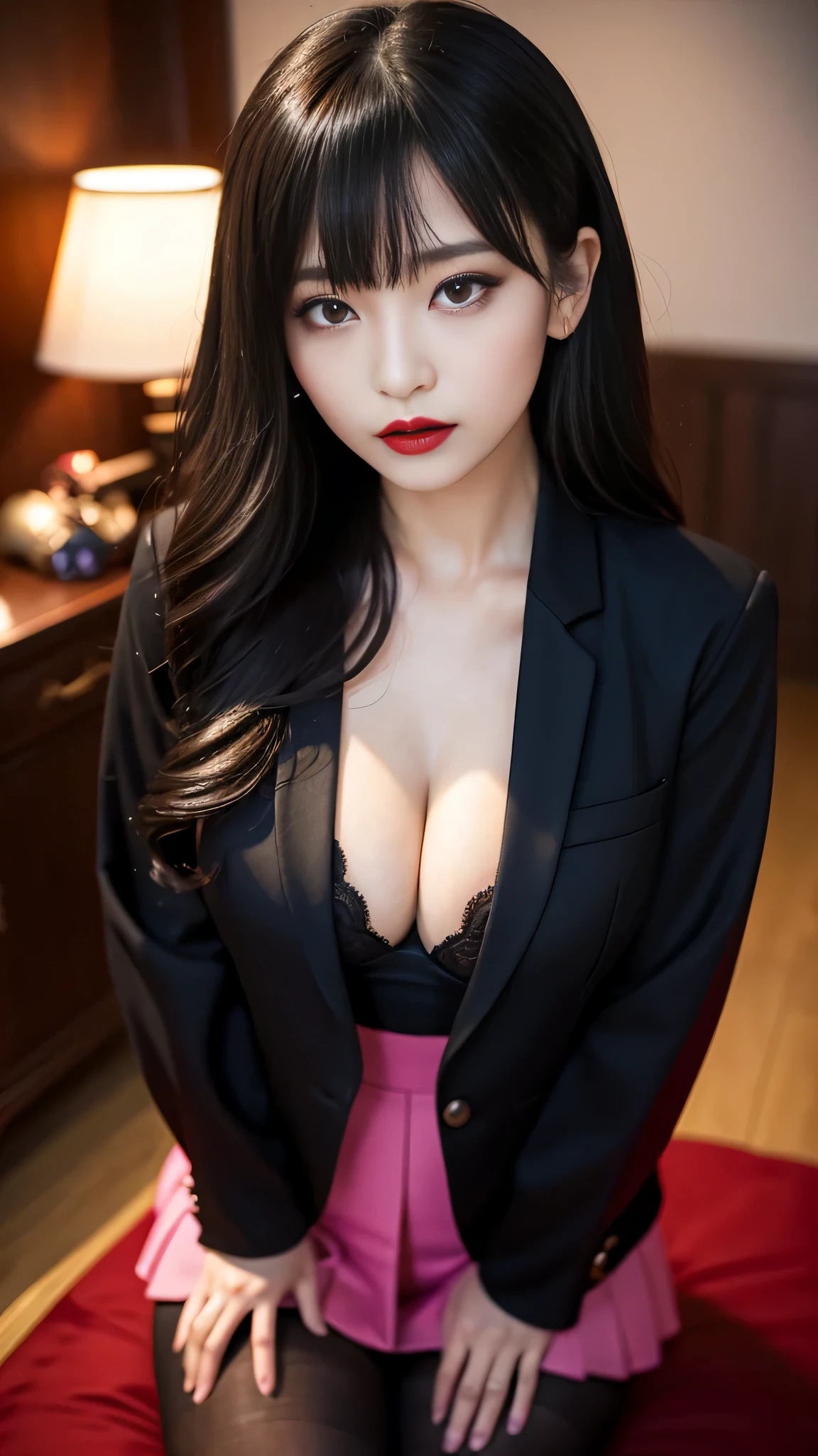 tra-detailed、Japanese、attractive beauty、seductive adult woman、pretty woman、piercing eyes、cool girl、wavy hair、swept bangs、suit、Jacket、blouse、ribbon、Tight Skirt、pantyhose、beautiful feet、Evil cadres、evil depravity、brainwash、mind control、lipstick、lip gloss、dark makeup、smirk、Evil expression、evil、hollow eyes,half-closed eyes、empty eyes、evil、night room、dark room、vampire、succubus、vampire、Swear allegiance、stand、