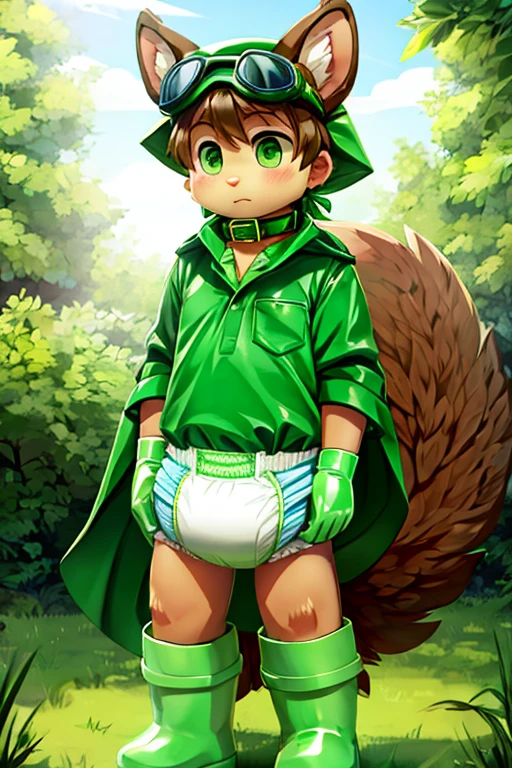 boy, furry, blown squirrel ears, animal ear fluff, bodyfur, blown squirrel tail, green goggles, green club budge, green neckerchief, green salior collar, green cloak, light green polo shirt, short sleeves, diaper, green rubber gloves, green wellington boots