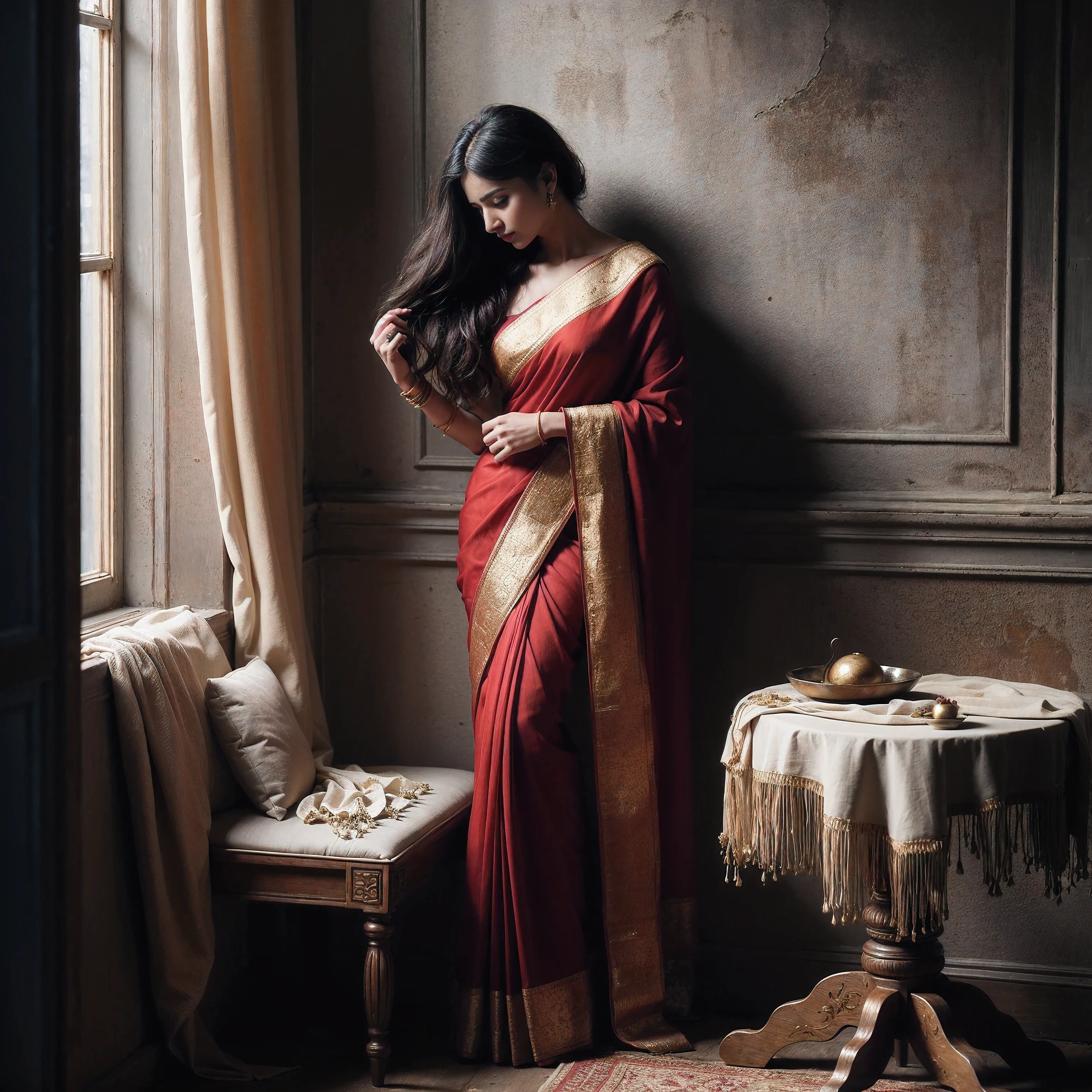 arafed woman in a red sari leaning against a wall, dressed in a sari, stunning elegant pose, wearing a sari, wearing sari, draped in silk, sharandula, hindu, traditional beauty, draped in silky gold, sari, red and cinematic lighting, inspired by Raja Ravi Varma, classic portrait, draped in flowing fabric, cinematic goddess shot