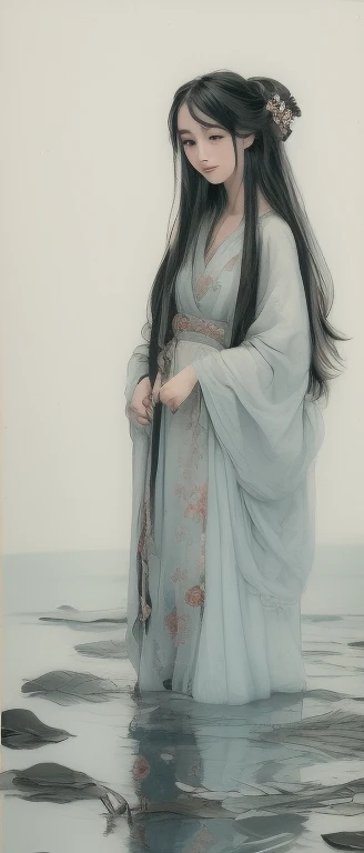 ((4k,masterpiece,highest quality、whole body)), Shuimobisim, traditional chinese ink painting, lotus,  Hanfu, maxi kit, dress modestly, alone, blue long hair, smile, Are standing, feet in the water, barefoot,
 