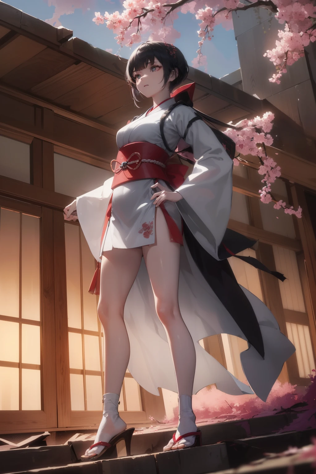 Ultra-detailed 8K image with futuristic and traditional Japanese style. | Sakurana, a 22-year-old woman, stands in the middle of a desolate scene, dressed in a white and red ninja outfit that combines futuristic and traditional elements. Her short blue hair, with bangs covering her right eye, is adorned with accessories that enhance her look. His golden eyes look directly at the viewer, conveying an expression of determination and strength. | The scene takes place in a destroyed Japanese house, with cherry trees scattered around the place and a broken wooden bridge, creating an environment of destruction and decay. The Japanese-style house, the wooden bridge and the cherry trees are elements that make up the scene, integrated in a creative and descriptive way into the character's description. | Three-quarter angled composition, emphasizing Sakurana's imposing figure and the architectural elements of the setting. Dramatic lighting creates deep shadows and highlights details in the scene. | Soft, moody lighting effects create a tense and mysterious atmosphere, while detailed textures on the costume and set elements add realism to the image. | Sakurana in a desolate scene, conveying determination and strength amidst destruction and decay. | ((perfect pose, perfect anatomy, perfect body)), ((((better hands, perfect fingers, perfect legs, perfect feet, perfect hands)))), very detailed scene, very detailed background, ((((perfect composition , perfect design, perfect layout, correct imperfections, correct errors)))), Add more detail, More Detail, Enhance