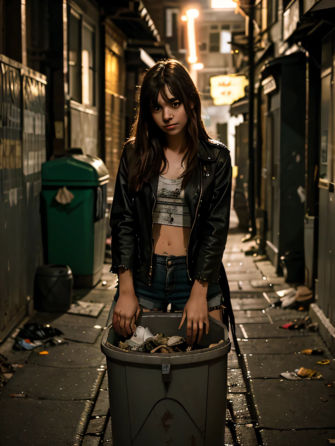 The image shows a beautiful eighteen old girl in an empty city at night with her hands inside a trash can in an empty alley she wears old, torn clothes and looks very dirty but is very pretty her hair is messy