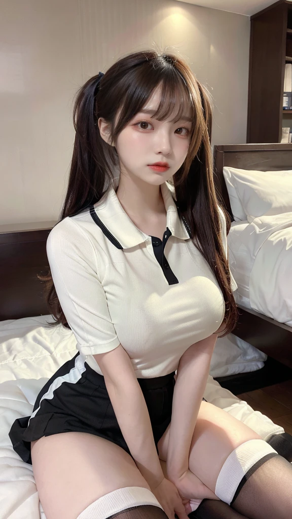 muste piece, best quality, illustration, Super detailed, fine details, High resolution, 8K,wall paper, perfect dynamic composition,(Details High quality, realistic depiction of eyes:1.3),  (Polo shirt with collar), pleated skirt, knee high socks, twintail,  Lying down, black hair color, Big Natural Color Lip, bold sexy pose, (perfect body shape), crying a little、cold gaze, Harajuku style、20 year old girl、cute type、lolita、beautiful legs, hotel room, hposing Gravure Idol, Voluptuous thighs