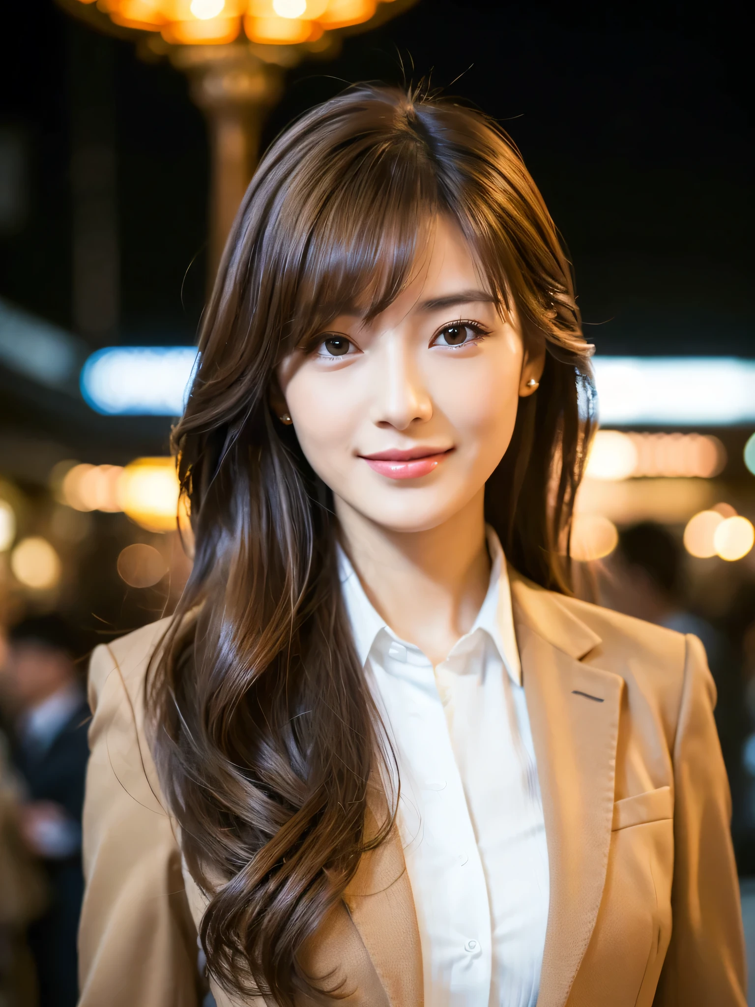 table top、highest quality、genuine、Super detailed、finely、High resolution、8k wallpaper、one beautiful woman、、、light brown disheveled hair、wearing a business suit、sharp focus、perfect dynamic composition、beautiful and detailed eyes、thin hair、Detailed genuine skin texture、smile、close-up portrait、model body shape、In Kyoto at night
