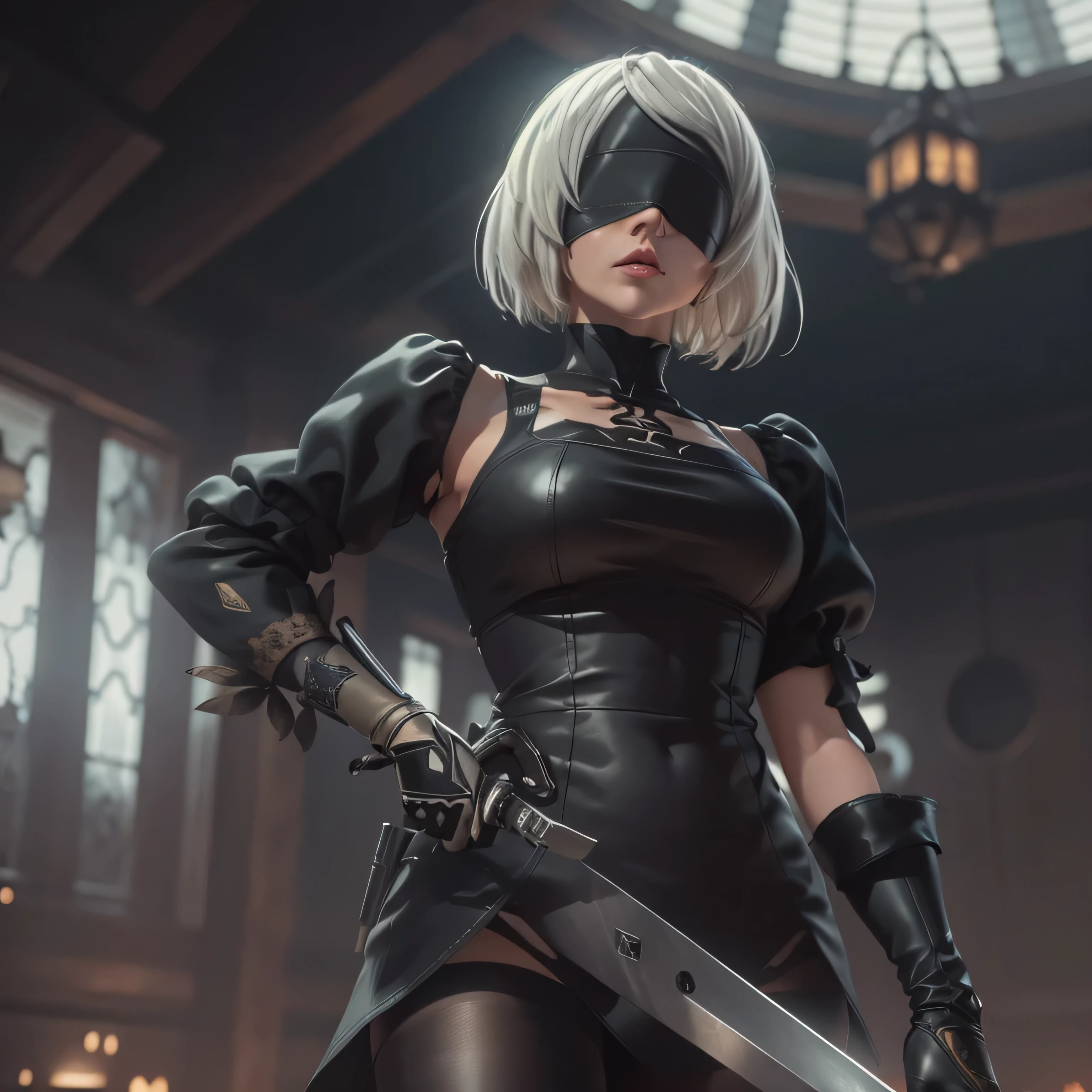 (2B,NieR:Automata),blindfold,have a weapon,best quality, high quality, 8K, masterpiece, photo-realistic, octane render, unreal engine, ultra-realistic