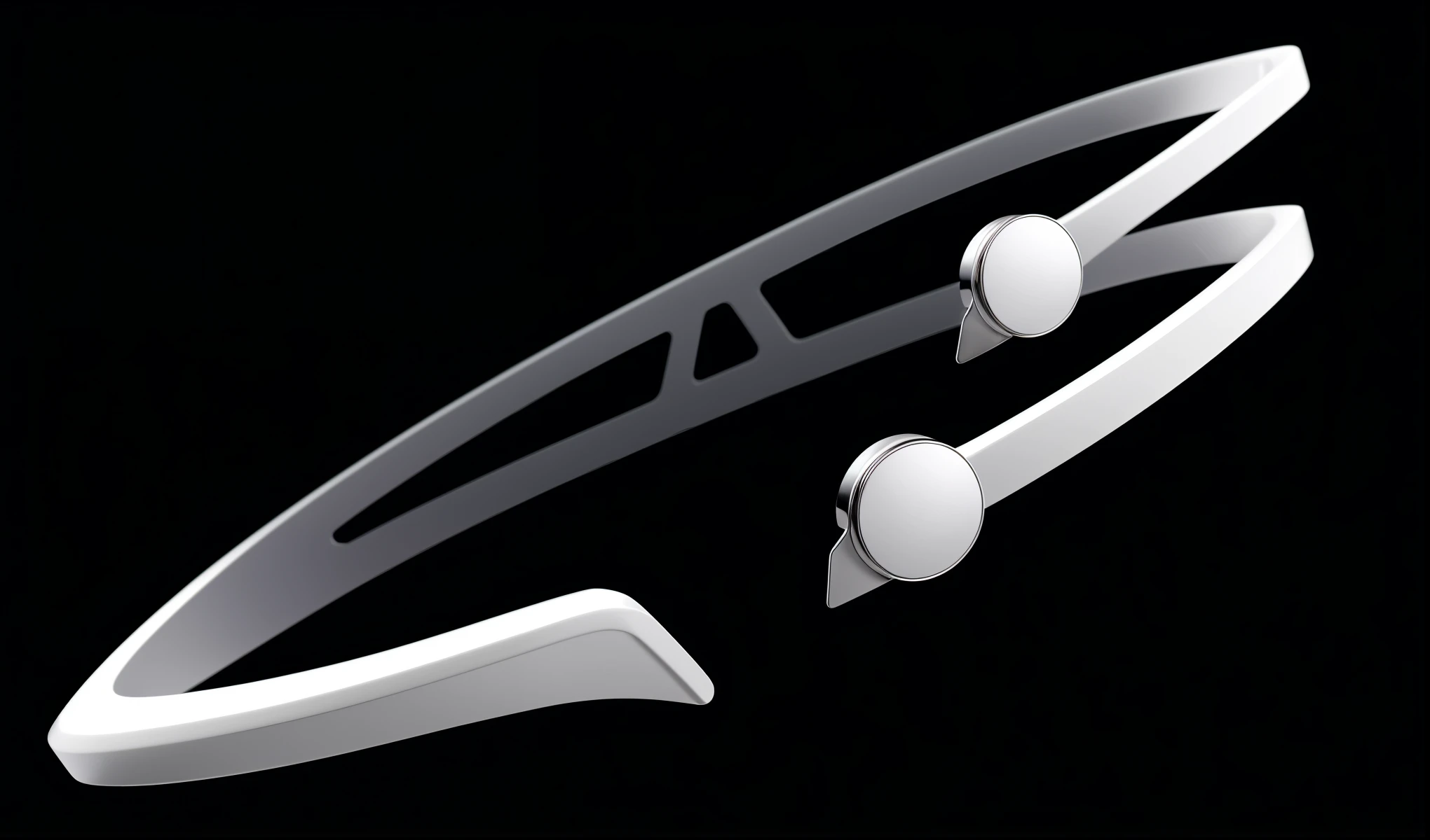 There are two white objects flying in the air, chrome decoration, concept illustration, concept ar, Stylish streamlined design, futuristic glasses lenses, Smooth curve design, concept artwork, sickle design, Detailed rendering, Smooth curvature design,Smooth metal texture, digital rendering, Official illustration, Clear and smooth lines, concept, blade design, Automotive Design, Clear and smooth lines