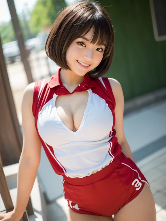 ((((whole body 1.4)))),1 girl, masterpiece,best image quality,,  smile, beautiful eyes, perfect eyes, beautiful lips, perfect lips, short hair, Are standing, ,volleyball player red uniform,Sexy hot pants style,cleavage,perfect face, Angelic,Idol, super realism,surreal, Japanese girl film grain, Gym
