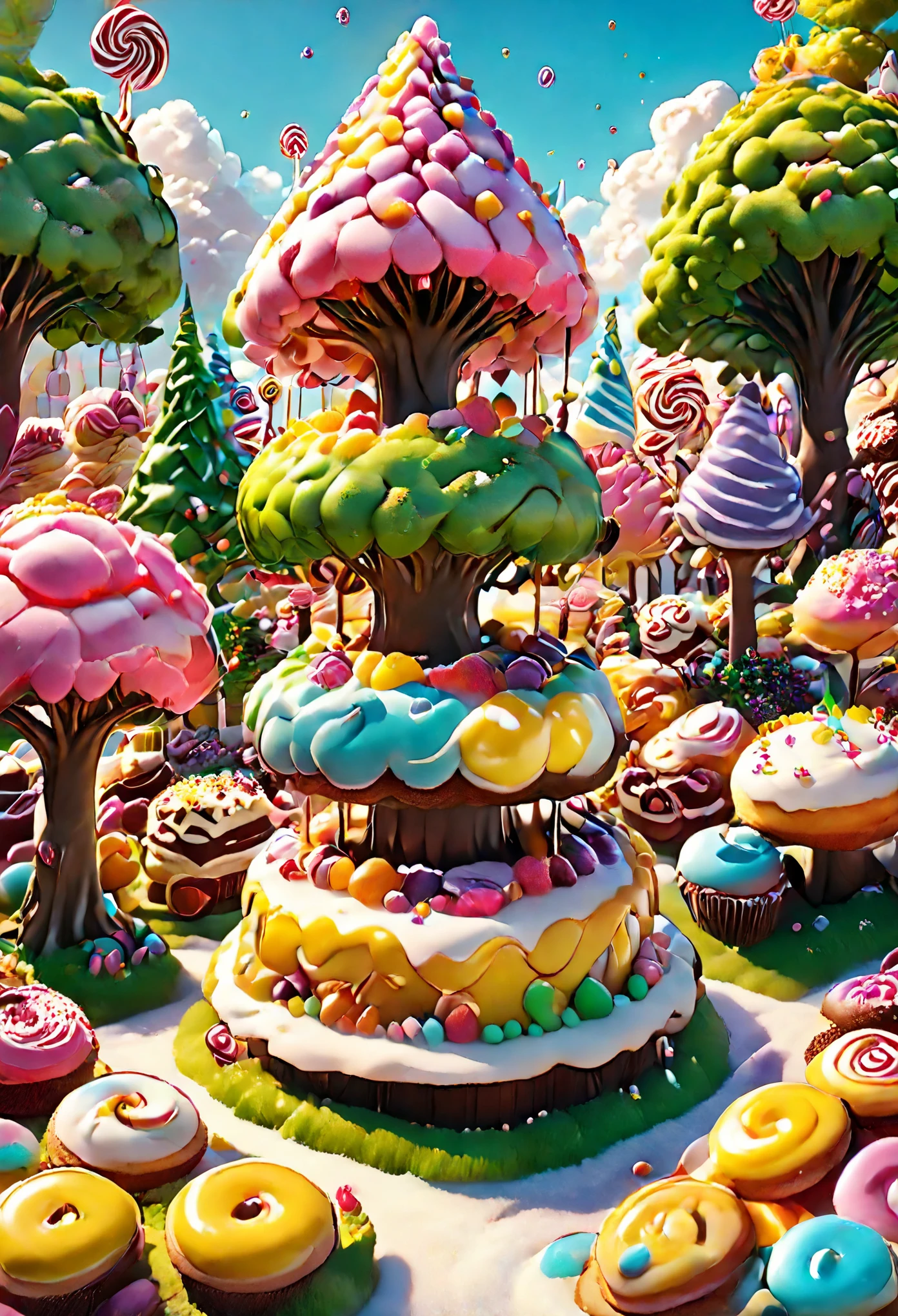 general shot: 1.5, ((city of sweet buildings of cake and sweets: 1.7)), (( candies, tree-shaped lollipops, donut-shaped sun: 1.6)), ultra-realistic, photorealistic CG K: 1.4, texture of skin: 1.4, masterpiece: 1.4, ((hyper detailed, epic, beautiful, creative and imaginative image: 1.6)), 32k.