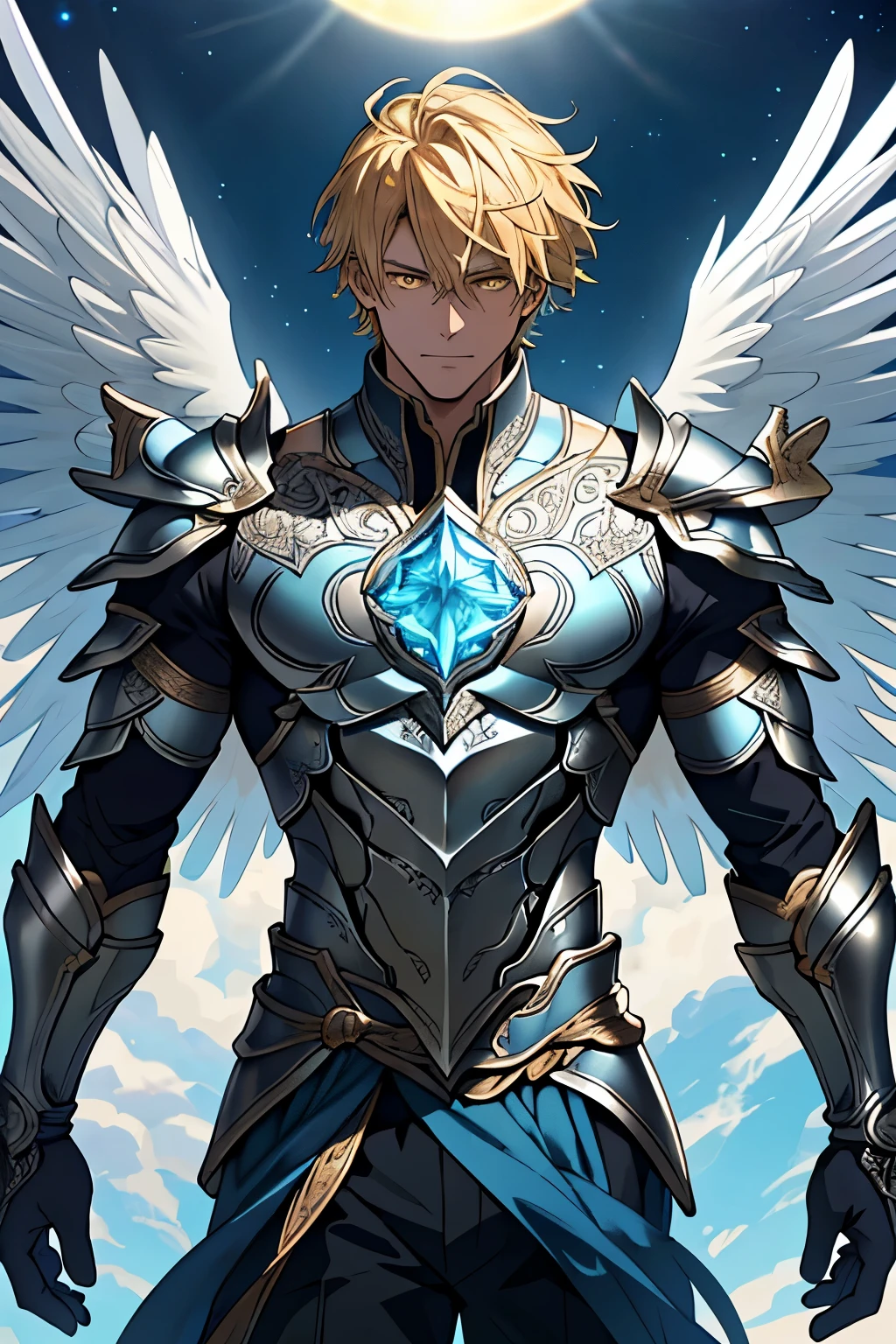 In the heart of a breathtakingly epic and dramatic scene, a male character stands proudly with his full, toned body encased in brilliant blue and silver armor. The intricate design and details of the armor shimmer and gleam under the dramatic lighting, enhancing its fantastical beauty. A pair of light blue celestial wings expand behind him, their feathers catching the light as they sway gently in the wind. His golden blond hair is short and neatly styled, framing a face with perfectly detailed features. His yellow eyes, as bright as the sun, pierce through the atmosphere with an intensity that leaves one in awe. The anime style of this masterpiece brings every element to life, from the