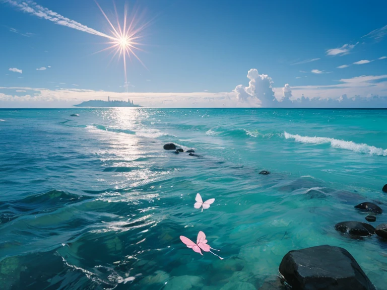 painting,
Five blue butterflies floating on clear water. Big butterfly and small butterfly, rippling, Light white sand beach background, minimalist style. I can&#39;t believe how beautiful it is, With 32K HD quality sun effect
