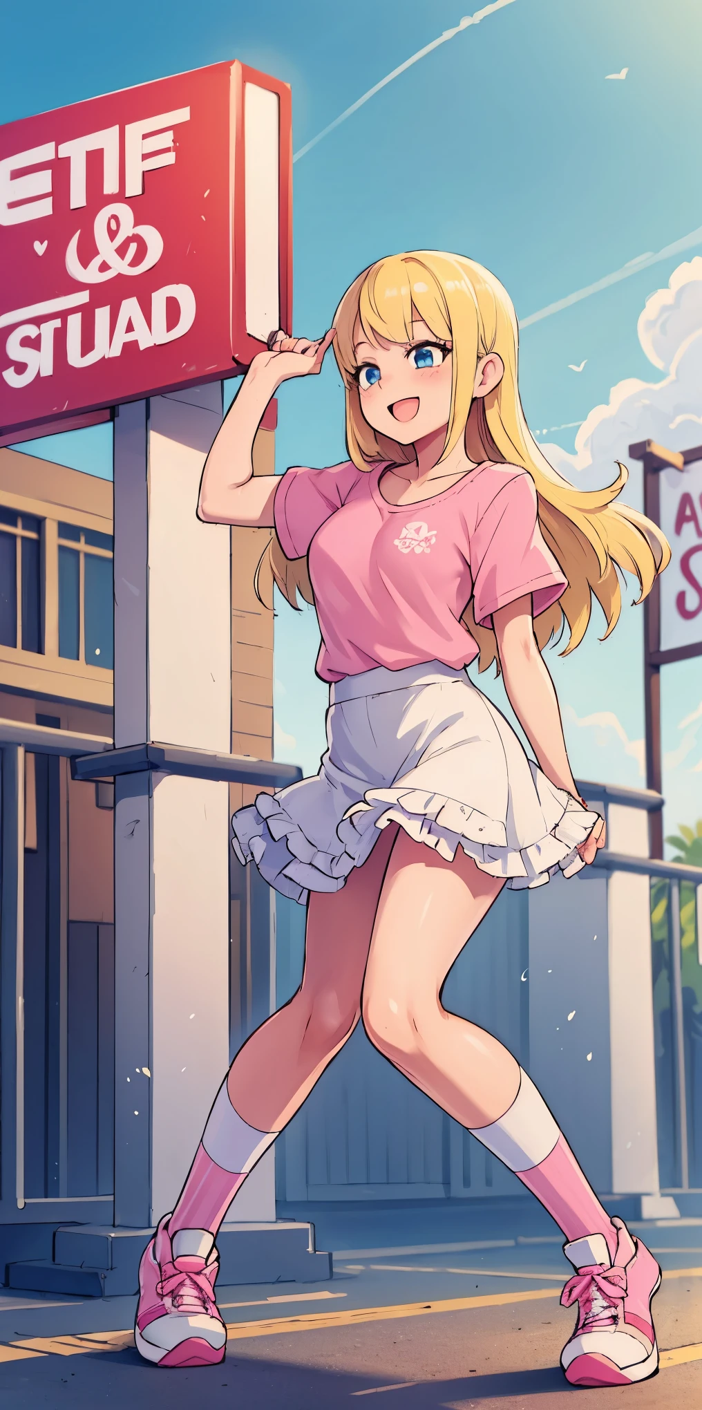 beautiful, (masterpiece:1.2), (best quality:1.2), Beautiful 10-year-old white girl with blue eyes, long swept-back straight blond hair, Happy), Pink and white frilly miniskirt, pink shirt, pink socks, white sneakers, California City background, daylight.