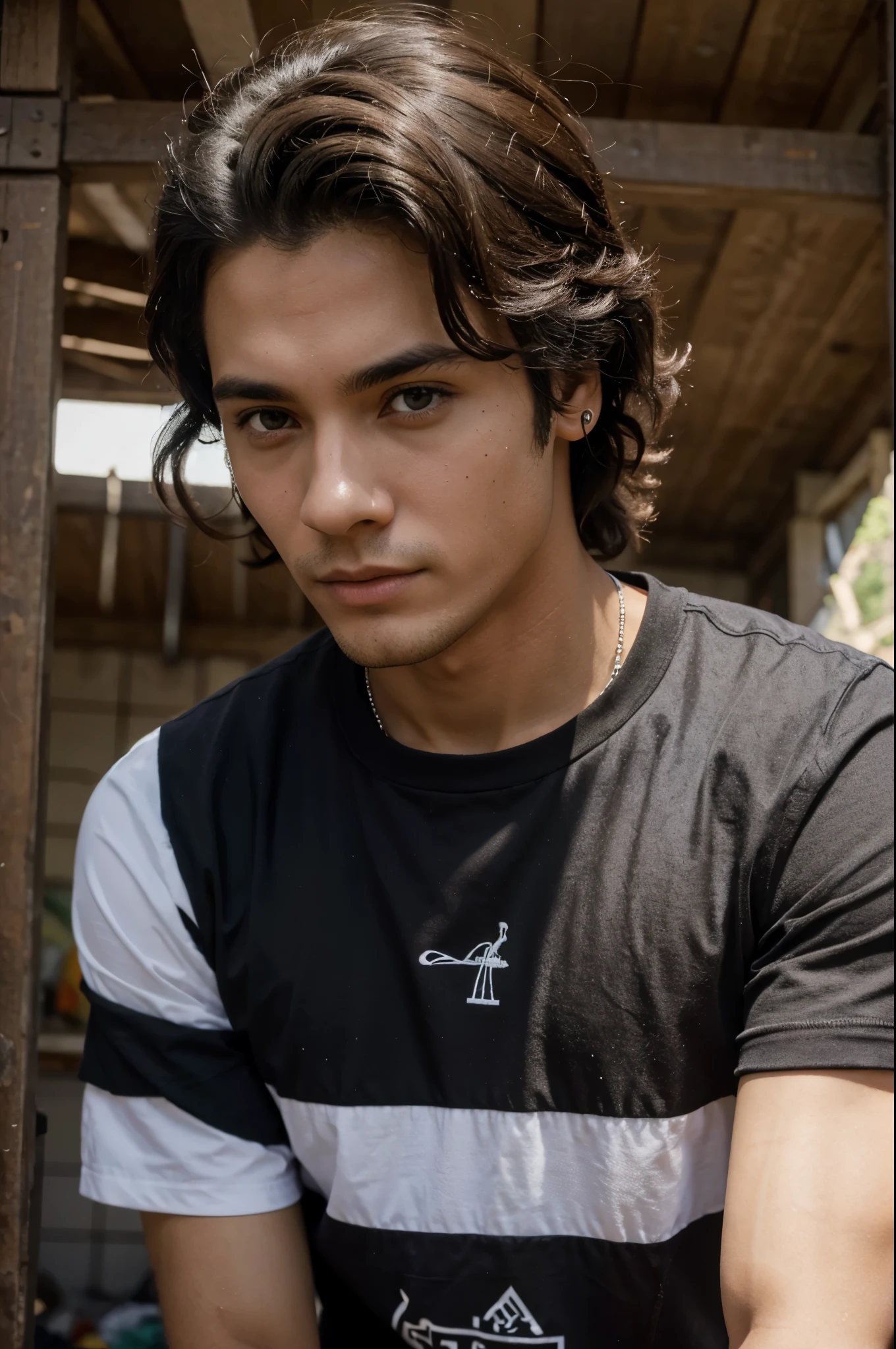 Un personaje masculino con la camisa del campamento mestizo, de pelo ????? ondulado y ojos violetas. Estilo anime
