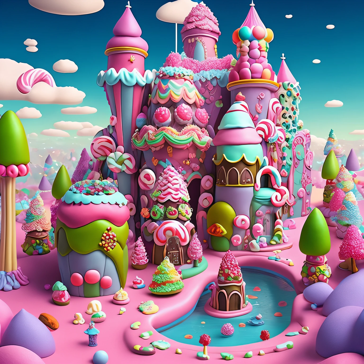 In the whimsical realm of Candyland, an enchanting landscape of confectionery delights unfolds. The air is filled with the irresistible aroma of chocolate, wafting from the nearby factories, mingling with the sweet scent of creamy cakes and gummy bears. At the heart of this sugary paradise lies a bustling community, where candy-coated buildings stand proudly, their facades adorned with candy canes, lollipops, and other delectable treats.
Amidst this kaleidoscopic landscape, a luscious chocolate river flows gently, its surface shimmering under the soft, pastel glow of the