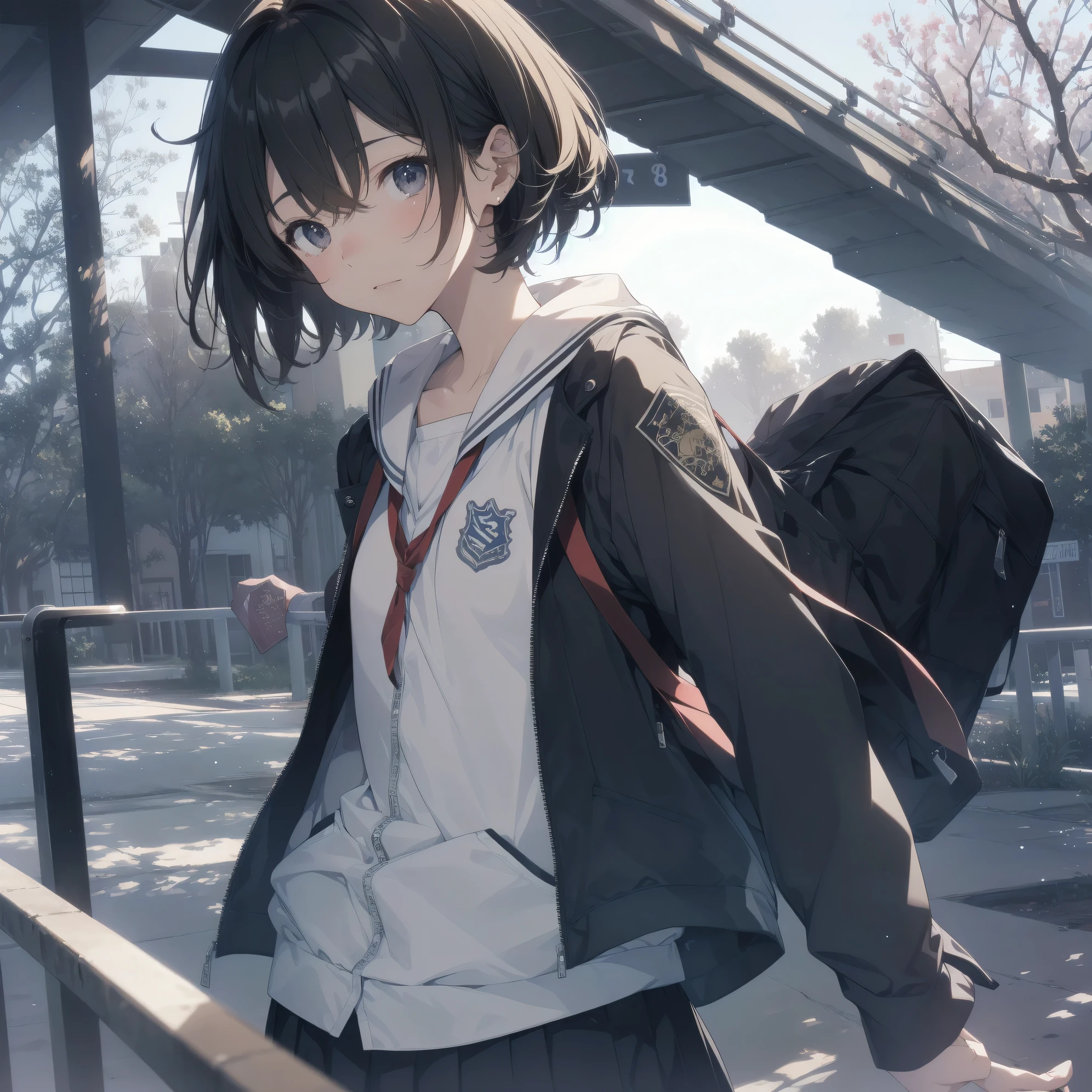 ultra-absurdres-Top quality by artist God, ultra-detailed, high resolution, anime moe artstyle, best anime 8k konachan wallpaper, pixiv contest winner, perfect anatomy,break, 1girl, (Please draw a girl walking sleepily to school alone. )break,(Solo,little female, 13-year-old:1.3),Full limbs, complete fingers,a junior high school student, Attractiveness of immature bodies, (very short hair), short cut, flat chest, , small butt, small black eyes, beautiful detailed eyes, well-proportioned iris and pupils, expressive eyes, highres detailed hair, soft expression, school_uniform, official_alternate_costume, pleated skirt,(Detailed Lighting), (Detailed background), in the School commute route. break,super detailed skin, Best cinematic lighting powered by famous artist, 8k,beauty illustration,photoshop_(medium),very aesthetic,break,((artist:kouji_(campus_life) )), artist:akinashi yuu ,artist:oyari ashito ,artist:kantoku ,