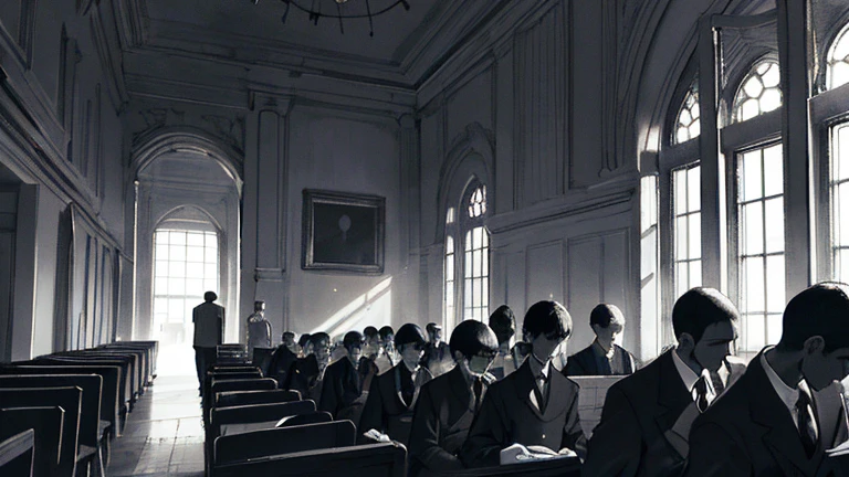 In the dead silent classroom, where students were seated neatly with focused expressions, a young man intently read from a book held in his hands. The monochrome ambiance of the black and white painting heightened the solemnity of the scene, as beads of sweat formed on his forehead, contrasting against his pale complexion. The students around him, dressed in their uniforms, remained unmoved, their eyes fixated on their respective texts. A sense of quiet determination filled the air as the clock's ticking echoed through the stillness, marking the passage of time.