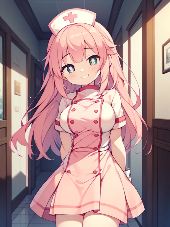 (nurse girl:1.2), (1 person:1.2),( girl)、young girl、big breasts、 nffsw、shader、highly detailed eyes、nurse costume(Light pink nurse uniform、Private Server、Silk glove knee skirt)、long straight hair、Underride 、pink hair、silky hair、Very complex pupils、highest quality、bright colors、bust 100、Game Portrait、stirring composition、Composition looking up from below、Lift your with your hands、Pose that emphasizes the chest、fold your arms、grinning expression、eyes half closed、open your mouth、fold your hands behind your back、hide your hands、evil smile、whole body、beautiful
