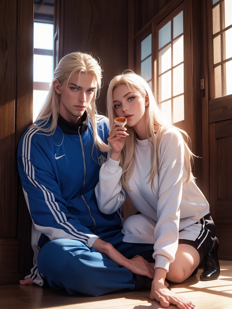 A handsome tall statuesque masculine man-platinum blonde with long white hair and blue eyes, dressed in a tracksuit, is sitting on the floor next to an incredibly beautiful young femme fatale, she has blue eyes, long golden hair gathered in a bun, long bangs, they are eating pizza, having fun. Masterpiece, 8k. full-length image, realistic image, detailed image. an extremely detailed illustration, a real masterpiece, of the highest quality, with careful drawing. shading with shadows. beautiful pose, full-length detailed image, 8k, realistic image, dynamic image, detailed image. an extremely detailed illustration, a real masterpiece, of the highest quality, with careful drawing.