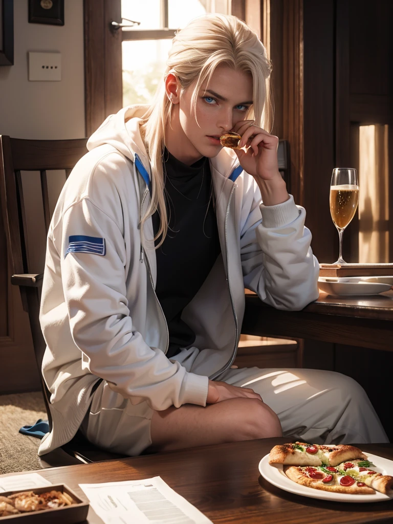 A handsome tall statuesque masculine man-platinum blonde with long white hair and blue eyes, dressed in a tracksuit, is sitting on the floor next to an incredibly beautiful young femme fatale, she has blue eyes, long golden hair gathered in a bun, long bangs, they are eating pizza, having fun. Masterpiece, 8k. full-length image, realistic image, detailed image. an extremely detailed illustration, a real masterpiece, of the highest quality, with careful drawing. shading with shadows. beautiful pose, full-length detailed image, 8k, realistic image, dynamic image, detailed image. an extremely detailed illustration, a real masterpiece, of the highest quality, with careful drawing.