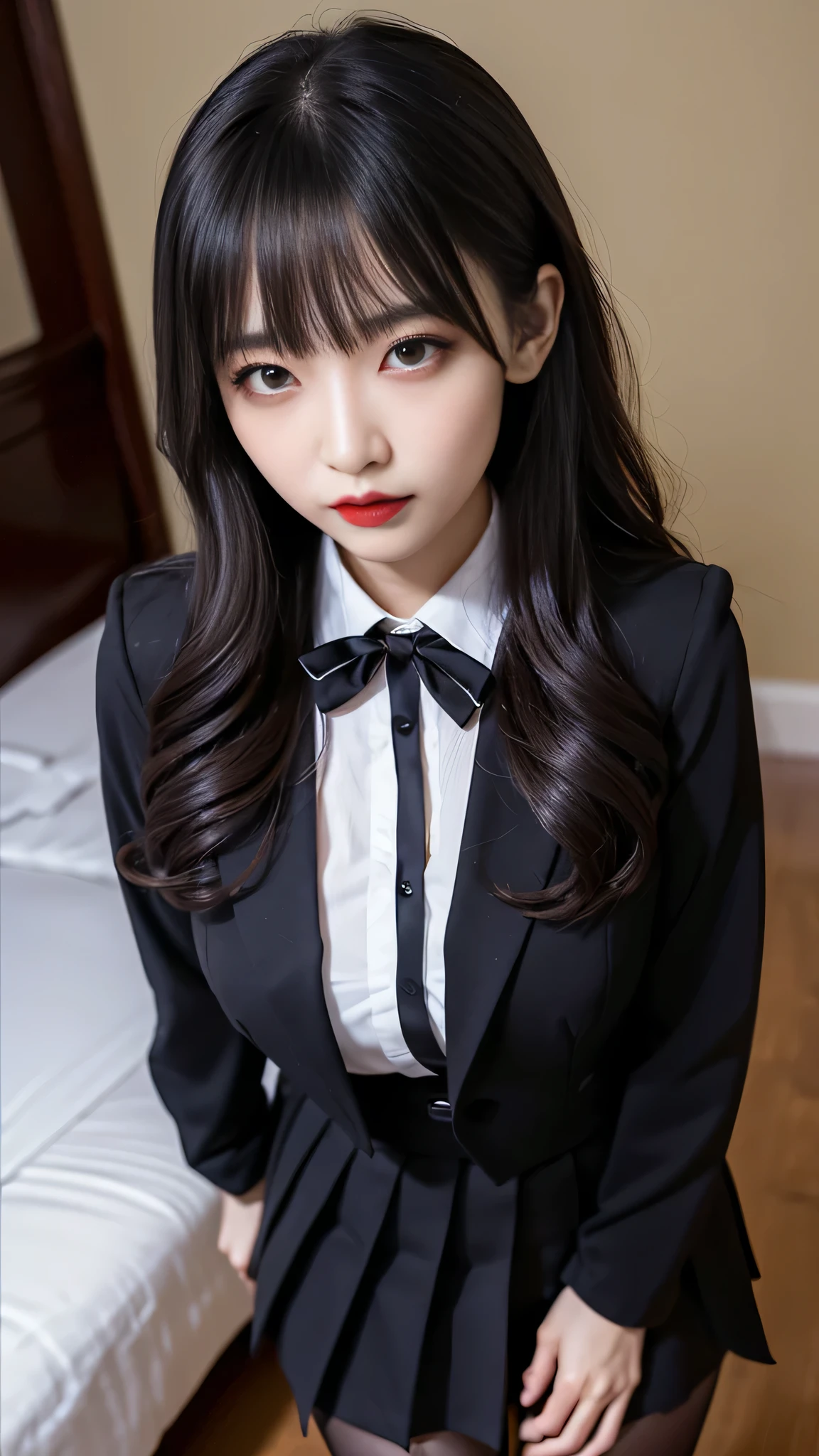 tra-detailed、Japanese、attractive beauty、seductive adult woman、pretty woman、piercing eyes、cool girl、wavy hair、swept bangs、suit、Jacket、blouse、ribbon、Tight Skirt、pantyhose、beautiful feet、Evil cadres、evil depravity、brainwash、mind control、lipstick、lip gloss、dark makeup、smirk、Evil expression、evil、hollow eyes,half-closed eyes、empty eyes、evil、night room、dark room、vampire、succubus、vampire、Swear allegiance、stand、