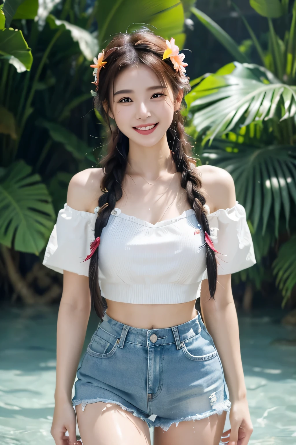 Masterpiece, best quality, beautiful girl, Wear a Hawaiian flower crop top., short jeans skirt, I braid both sides., smile, laugh, Big chest 700 cc, Standing and playing in the water, I'm wet., Wet clothes, half body