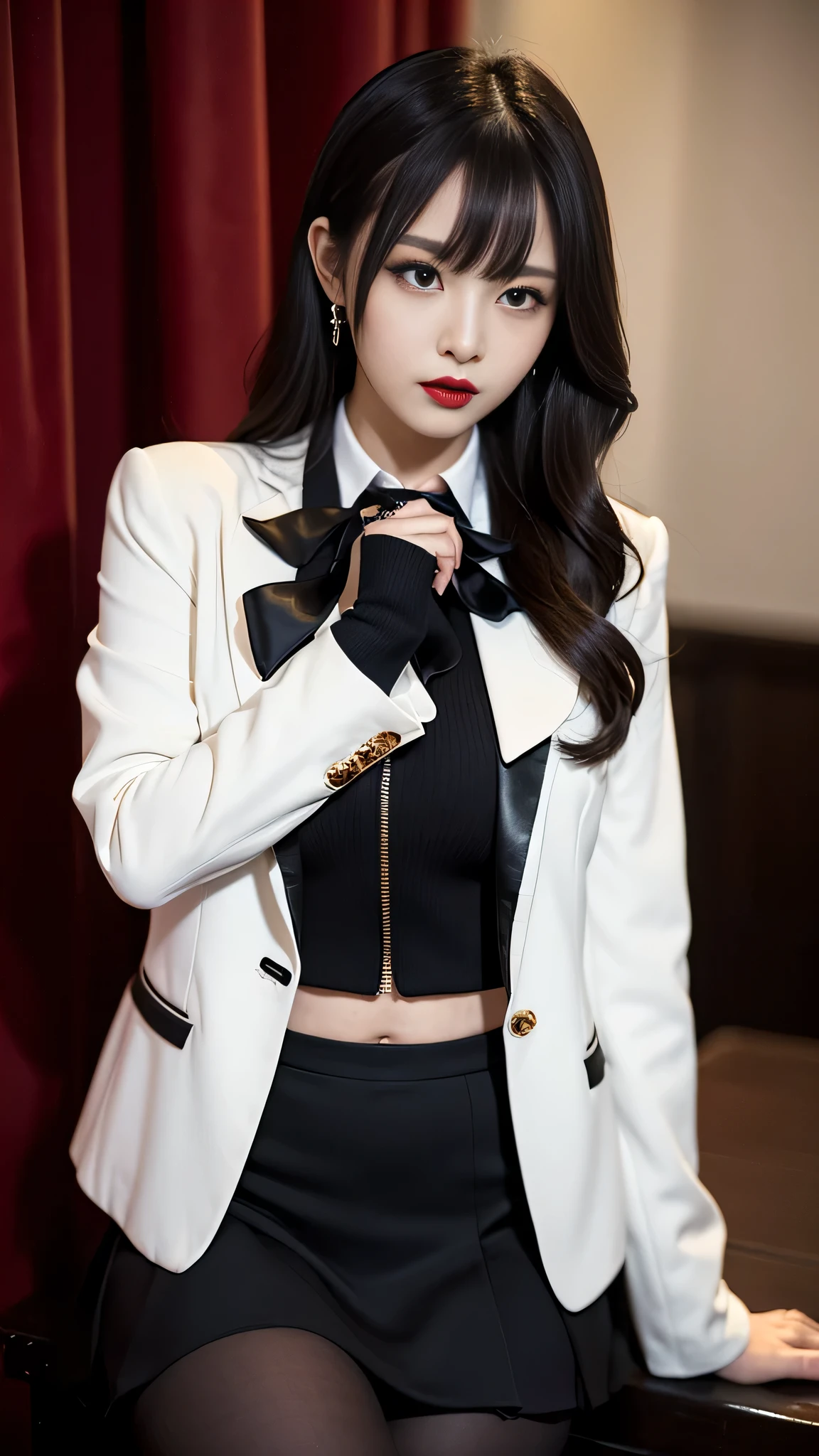 2girls、best quality、ultra-detailed、4k、Japanese、Seductive beauty、seductive adult woman、Pretty Woman、cool girl、Villainess、Brainwashed、brainwash、Fallen into evil、smirk、Evil look、Wicked Smile、evil、Brown hair、wavy hair、swept bangs、dark makeup、dark makeup、piercing eyes、hollow eyes,half-closed eyes、Hollow Eyes、Purple Eyeshadow、black lipstick、black lipglos、suit、Jacket、blouse、Black Ribbon、skirt、slit、Beautiful feet、Put your hands behind your back、night、Eerie Citadel、Are standing
