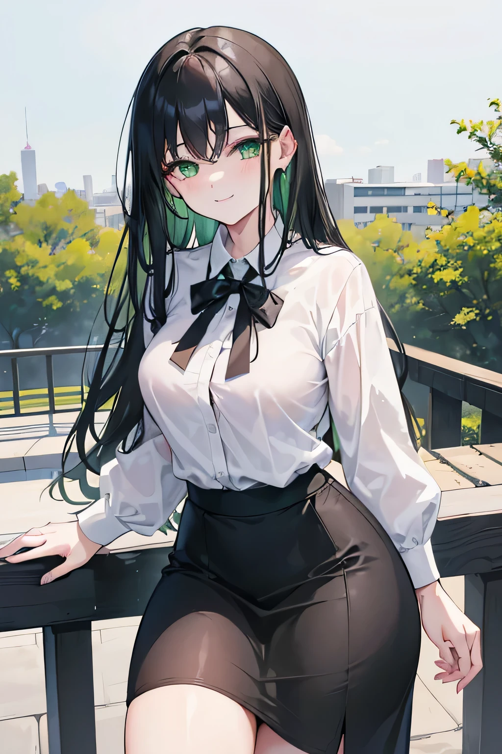 1 Women, long black hair, ((vibrant green eyes)), smiling, ((beautiful)), bangs, above things only, white shirt, long black skirt, mature body, cute, breast, thick thighs, cloth that covers most of the body, leaning against railing, mature face, ((25 year old: 1.2))